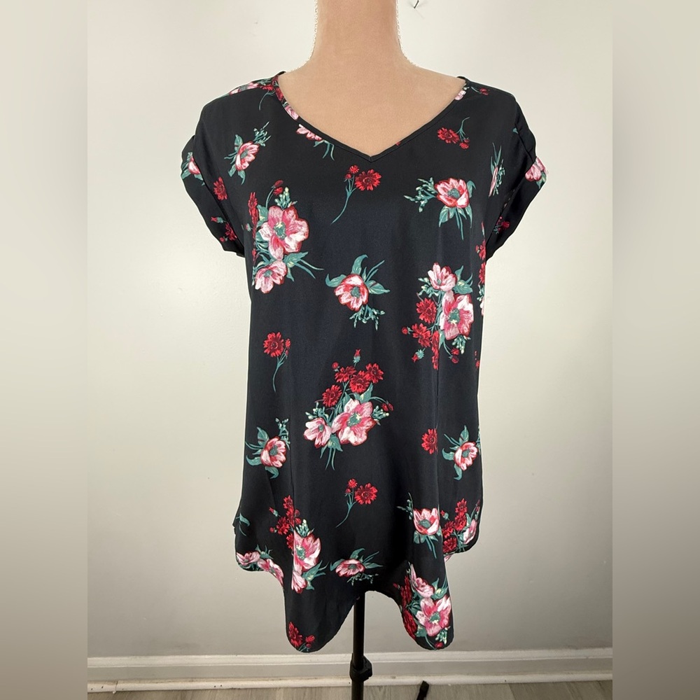 Express Black Floral V-Neck Blouse with Pink & Red Flowers